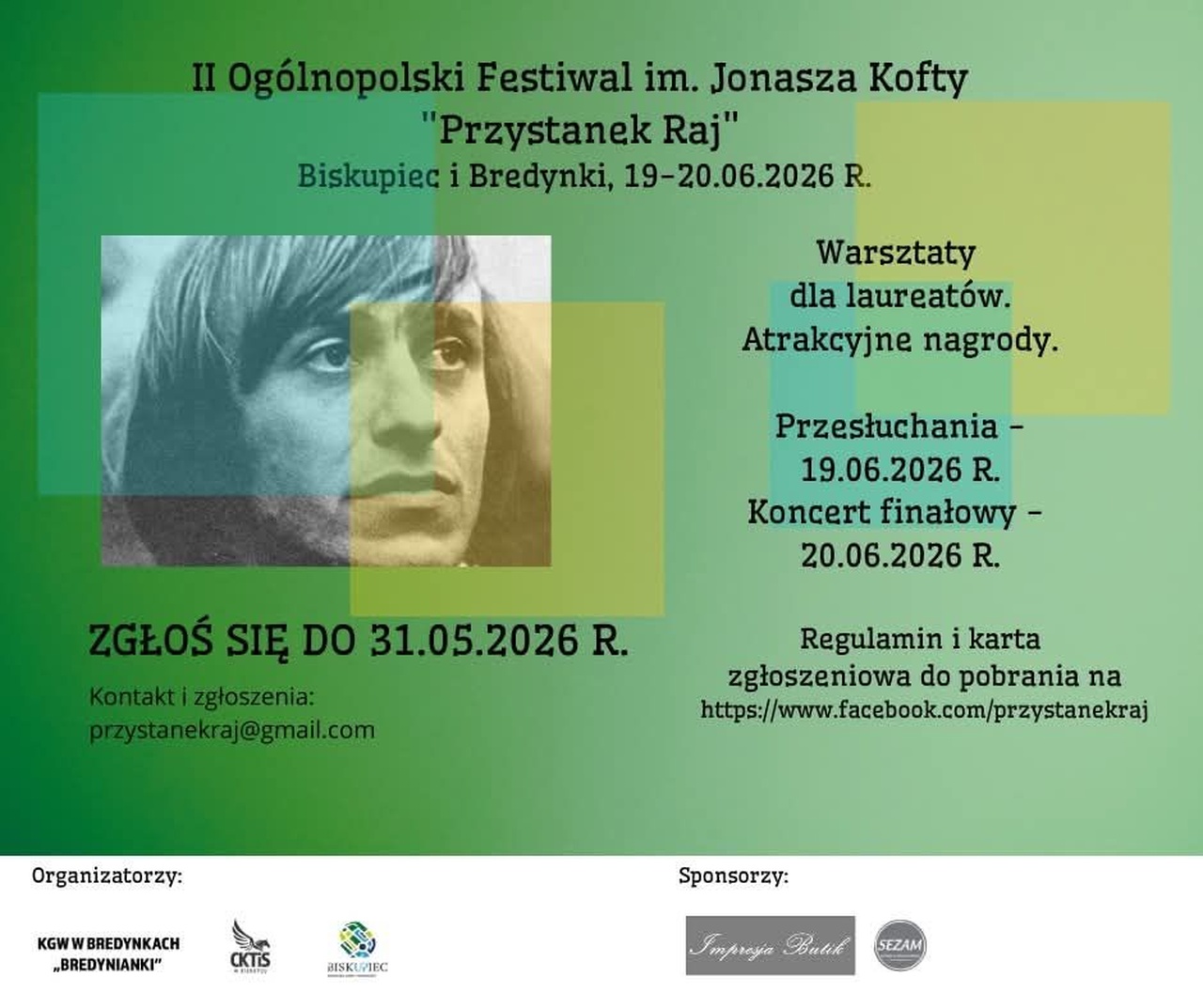 Plakat II Ogólnopolskiego Festiwalu im. Jonasza Kofty „Przystanek Raj”, który odbędzie się 19–20 czerwca 2026 roku w Biskupcu i Bredynkach
